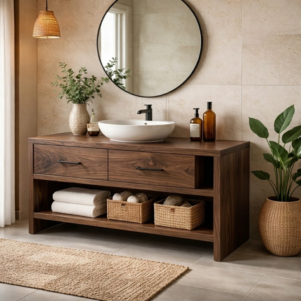 Solid Wood Bathroom Vanity with Drawers and Open Shelf – Modern Vanity Cabinet