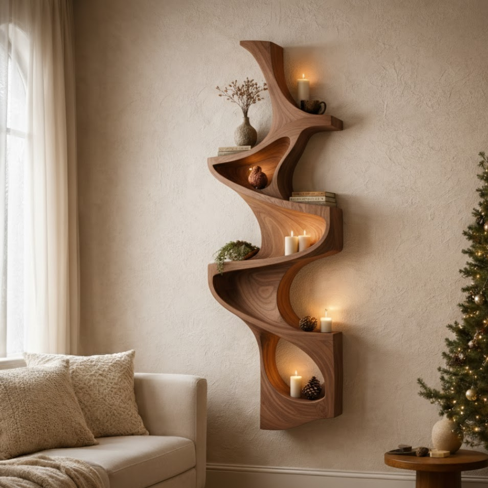 Handcrafted Solid Wood Vertical Wave Shelf - Sculptural Floating Wall Art & Bookshelf