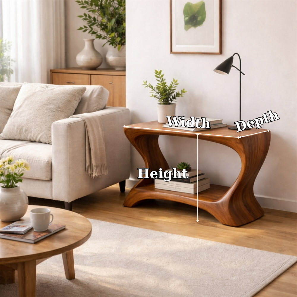 Modern Solid Wood End Table with Shelf – Curved Wooden Side Table for Living Room Kitchnce