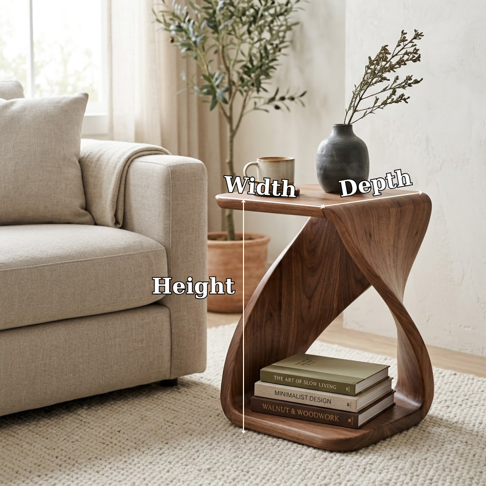 Solid Wood Sculptural End Table with Twisted Base and Storage Shelf