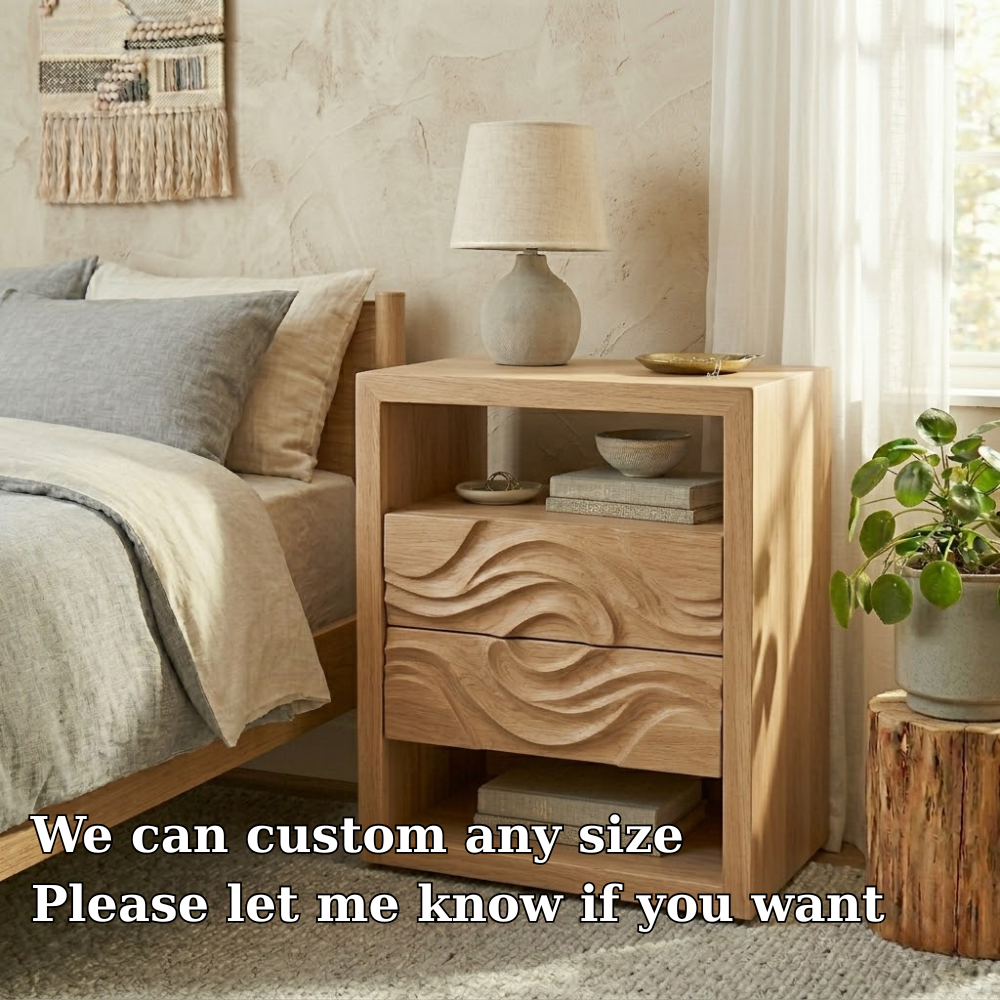 Solid Wood Nightstand with Carved Drawer – Modern Table with Storage