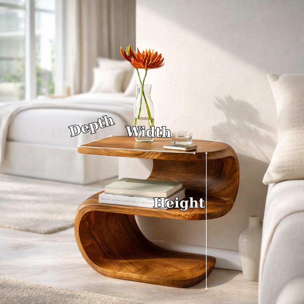 Solid Wood Nightstand with Curved Design – Modern Bedside Table with Storage