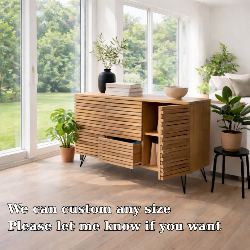 Solid Wood Slatted Sideboard Cabinet with Storage