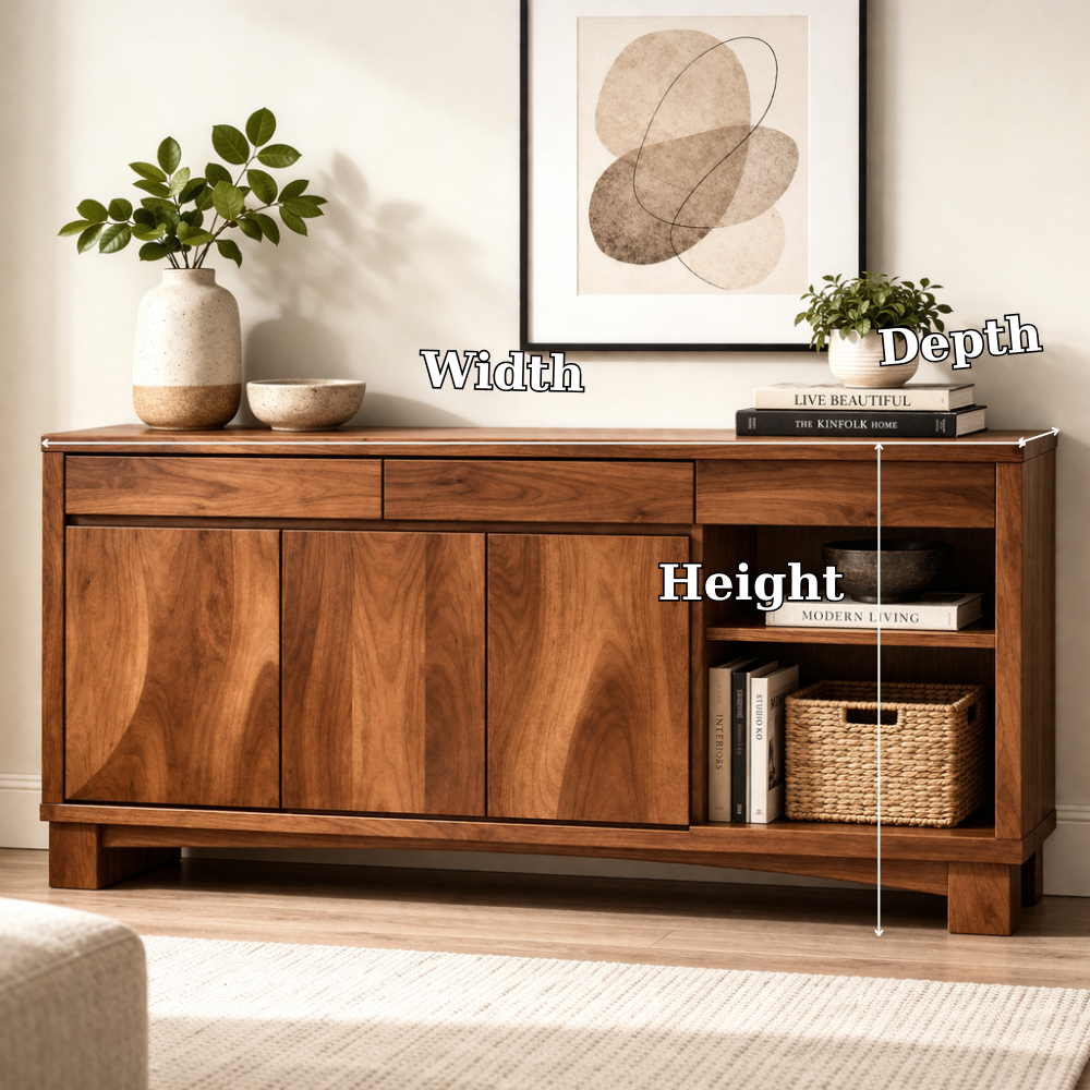 Solid Wood Console Cabinet with Drawers and Open Shelf – Modern Sideboard