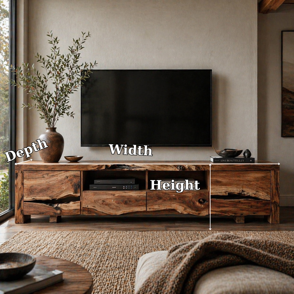 Solid Wood Media Console with Live Edge, Rustic Modern TV Stand with Storage Drawers