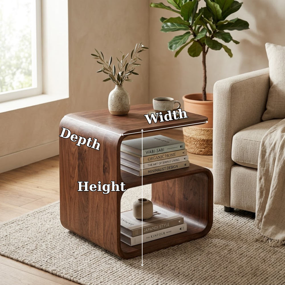 Solid Wood End Table with Open Shelf – Modern Curved Side Table