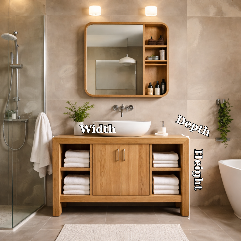Modern Solid Wood Bathroom Vanity Cabinet with Open Shelves & Double Doors