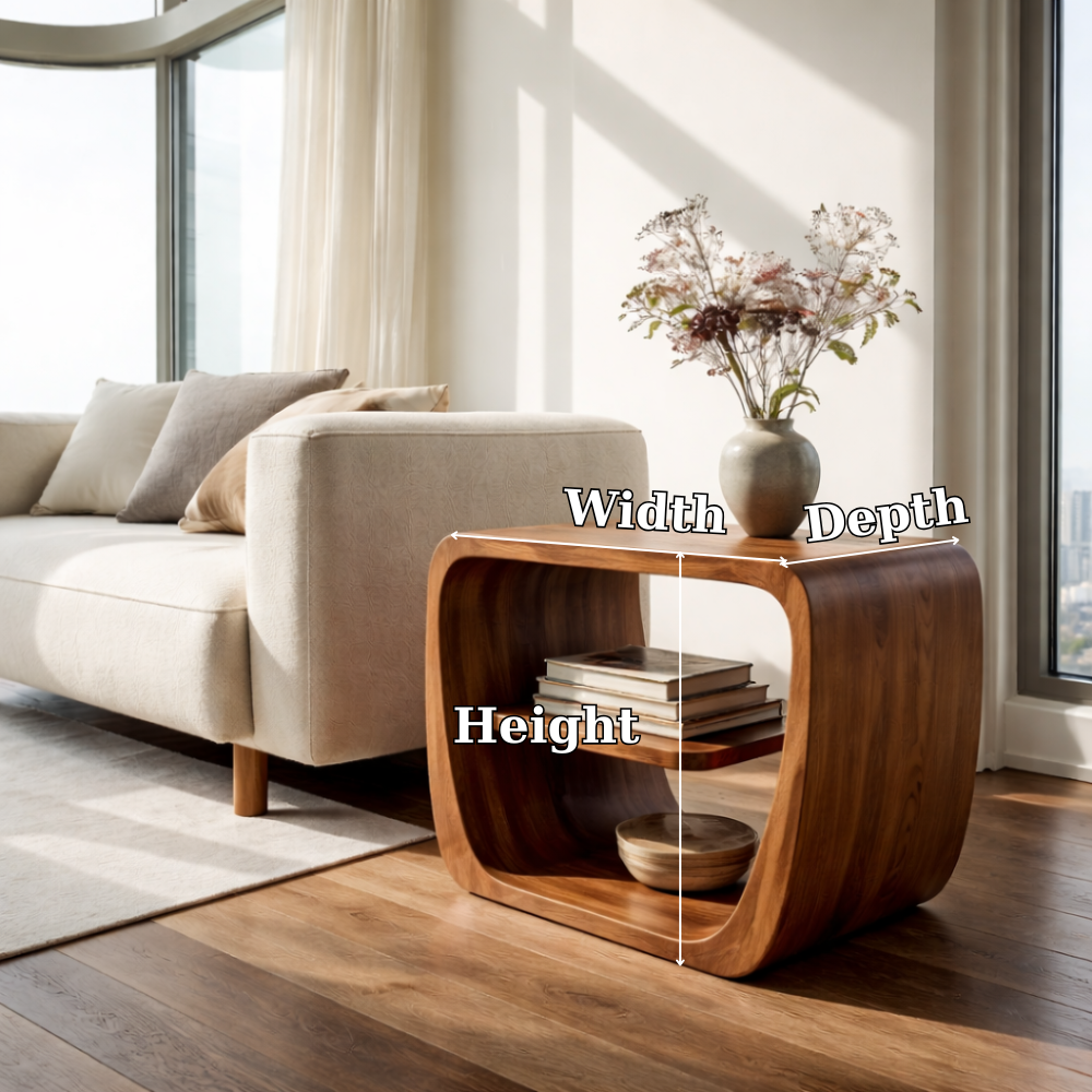 Modern Solid Wood End Table with Storage Shelf – Curved Wooden Side Table for Living Room Kitchnce