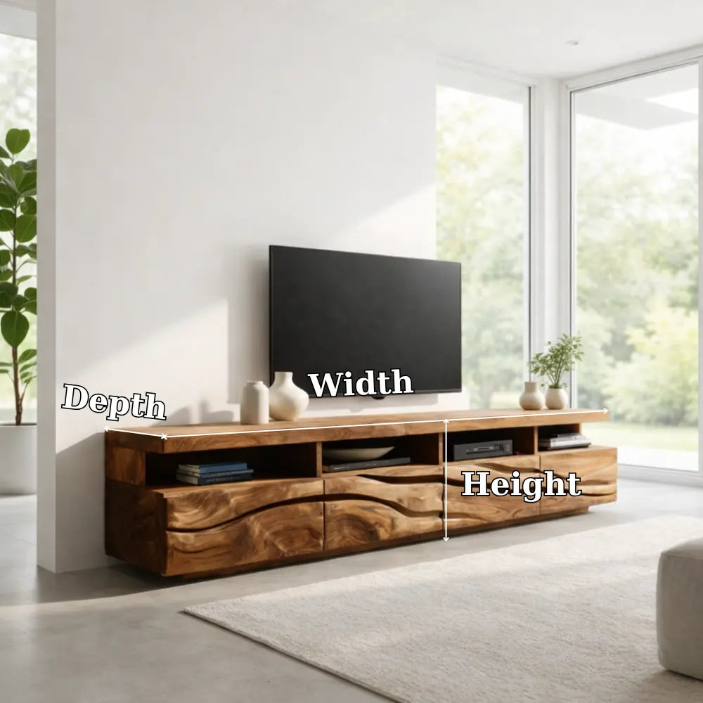 Solid Wood TV Cabinet with Wave Front – Modern Walnut Media Console Kitchnce