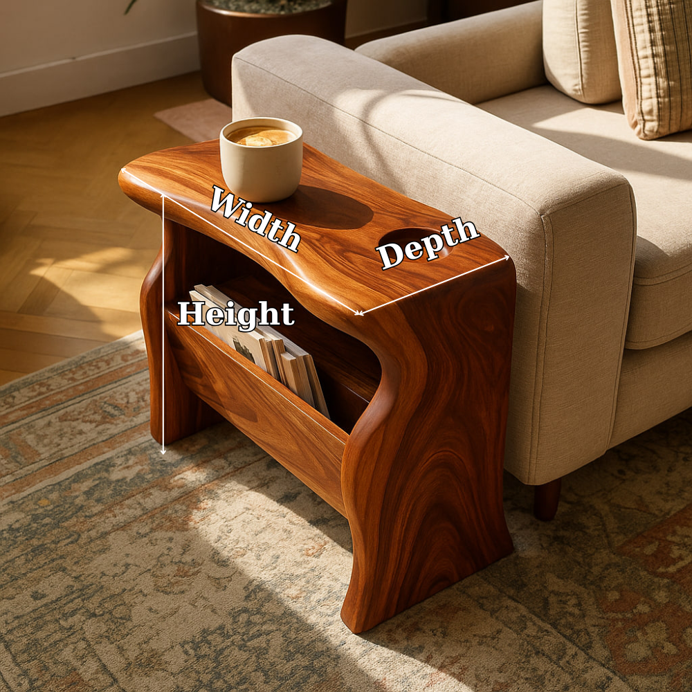 Solid Wood Sofa Armrest Table with Cup Holder and Magazine Storage Side Table