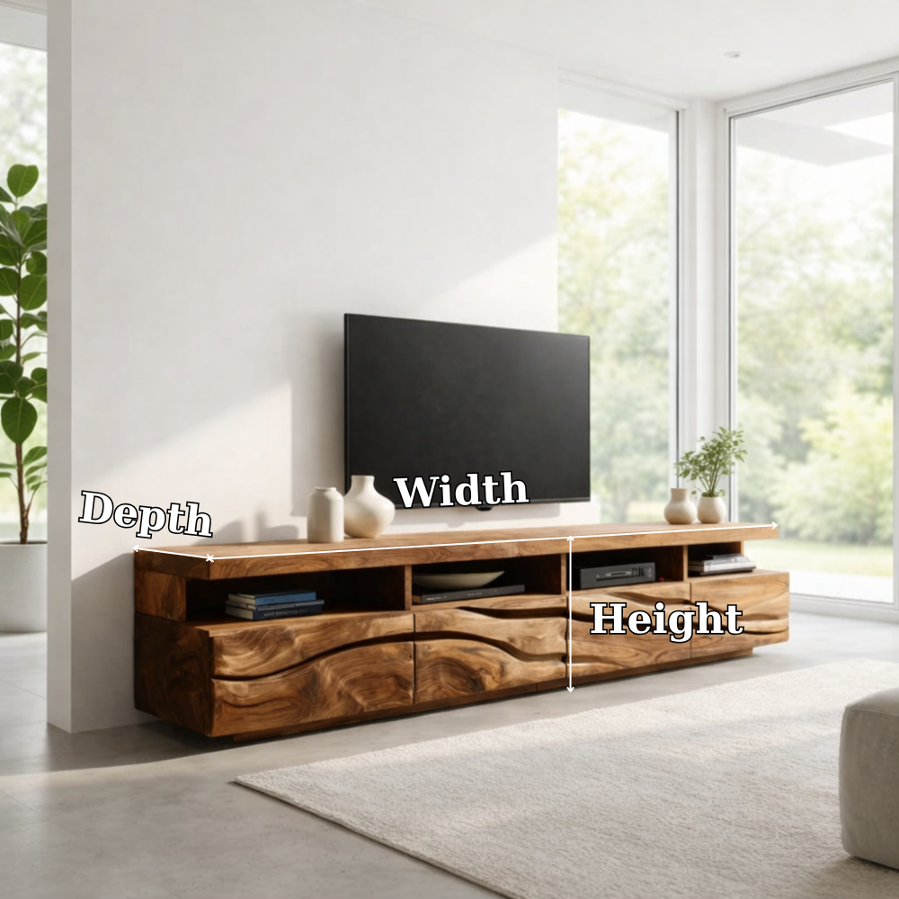 Solid Wood Media Console with Wave Carved Doors, Modern TV Stand Cabinet