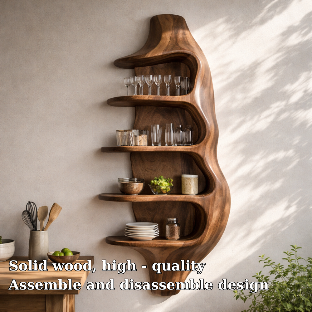 Solid Walnut Wall Mounted Kitchen Cabinet Shelf – Organic Curved Wooden Storage Display