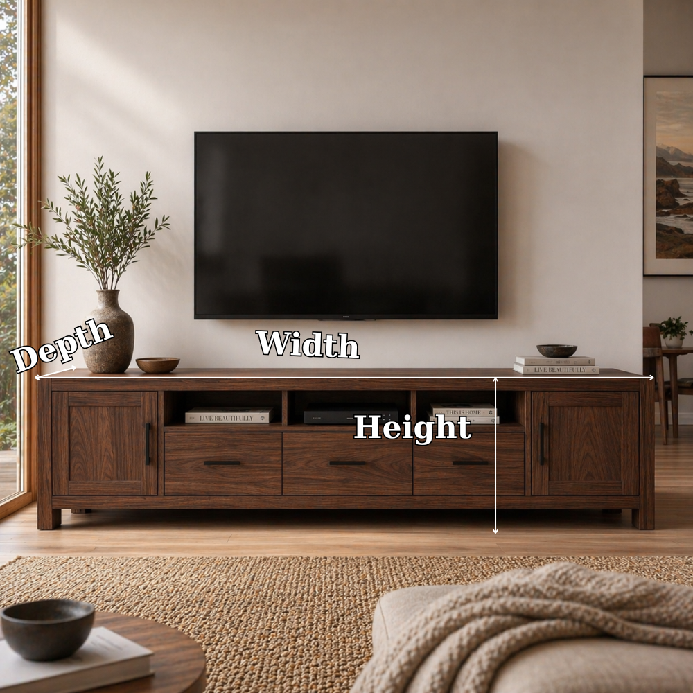 Solid Wood Media Console with Drawers, Modern TV Stand with Storage Cabinets