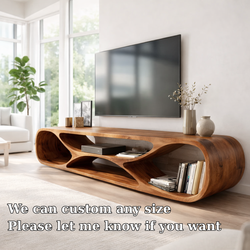 Solid Wood Media Console with Sculptural Curved Design, Modern TV Stand
