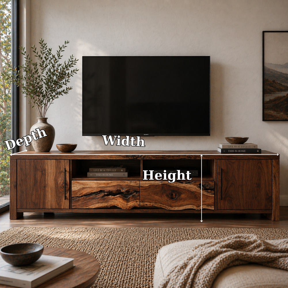Solid Wood Media Console with Live Edge, Rustic Modern TV Stand with Storage Doors