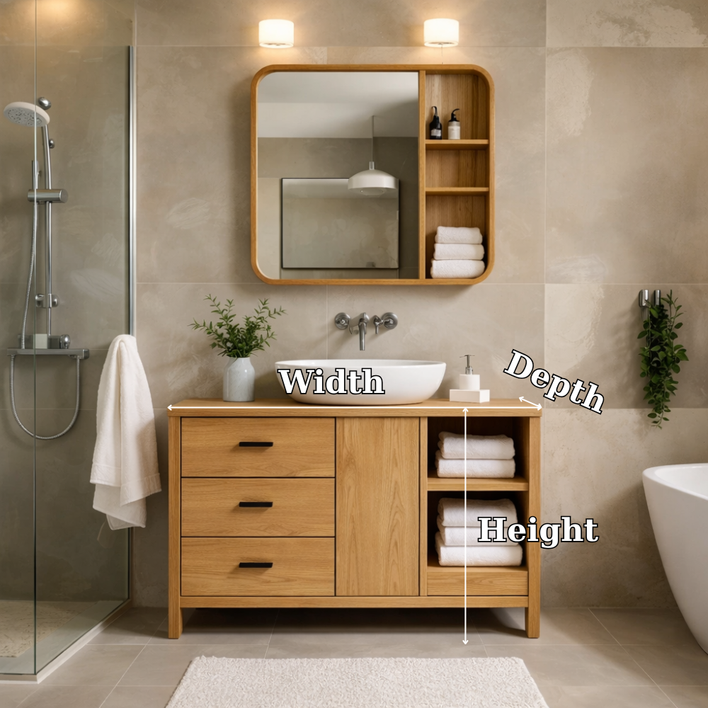 Solid Wood Bathroom Vanity Cabinet with Open Shelves & Drawers – Modern Design