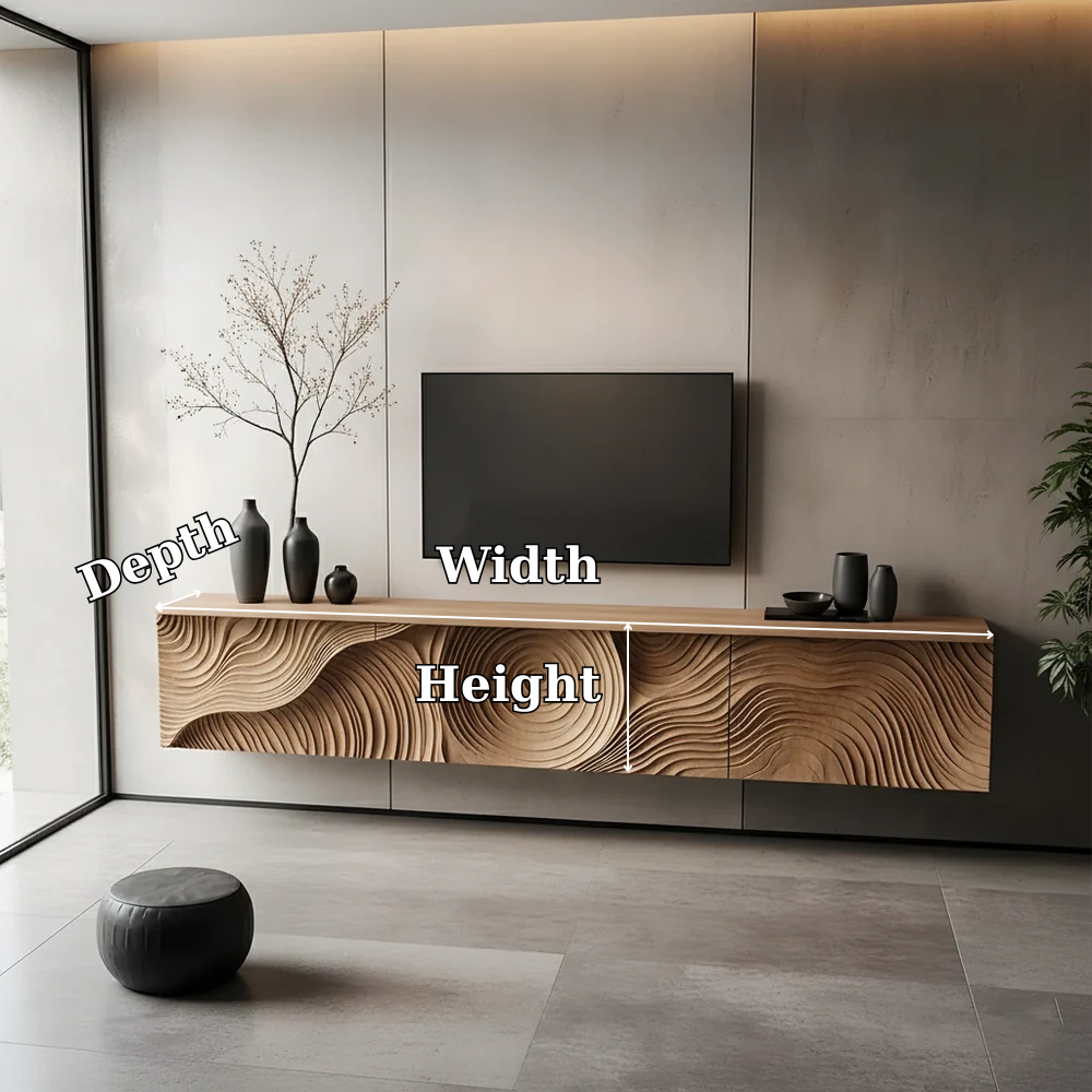 Solid Wood Floating TV Stand Modern Wall Mounted Media Console with Carved Front