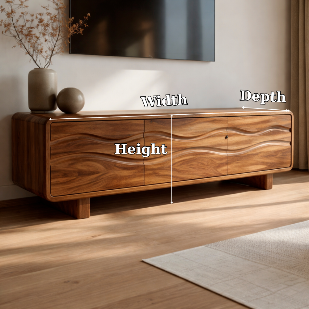 Solid Wood Wave Front TV Cabinet – Modern Low Media Console with Storage Doors