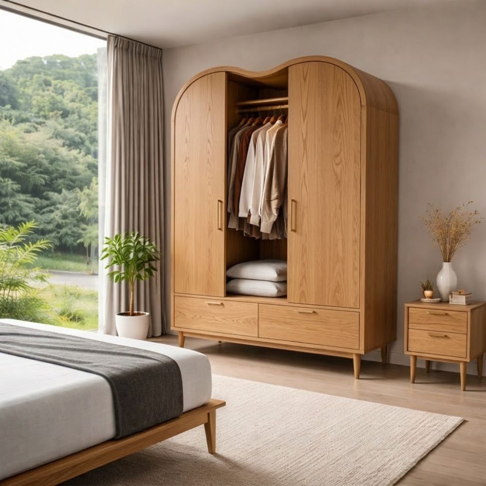 Solid Wood Wardrobe with Curved Top and Drawers – Modern Bedroom Closet