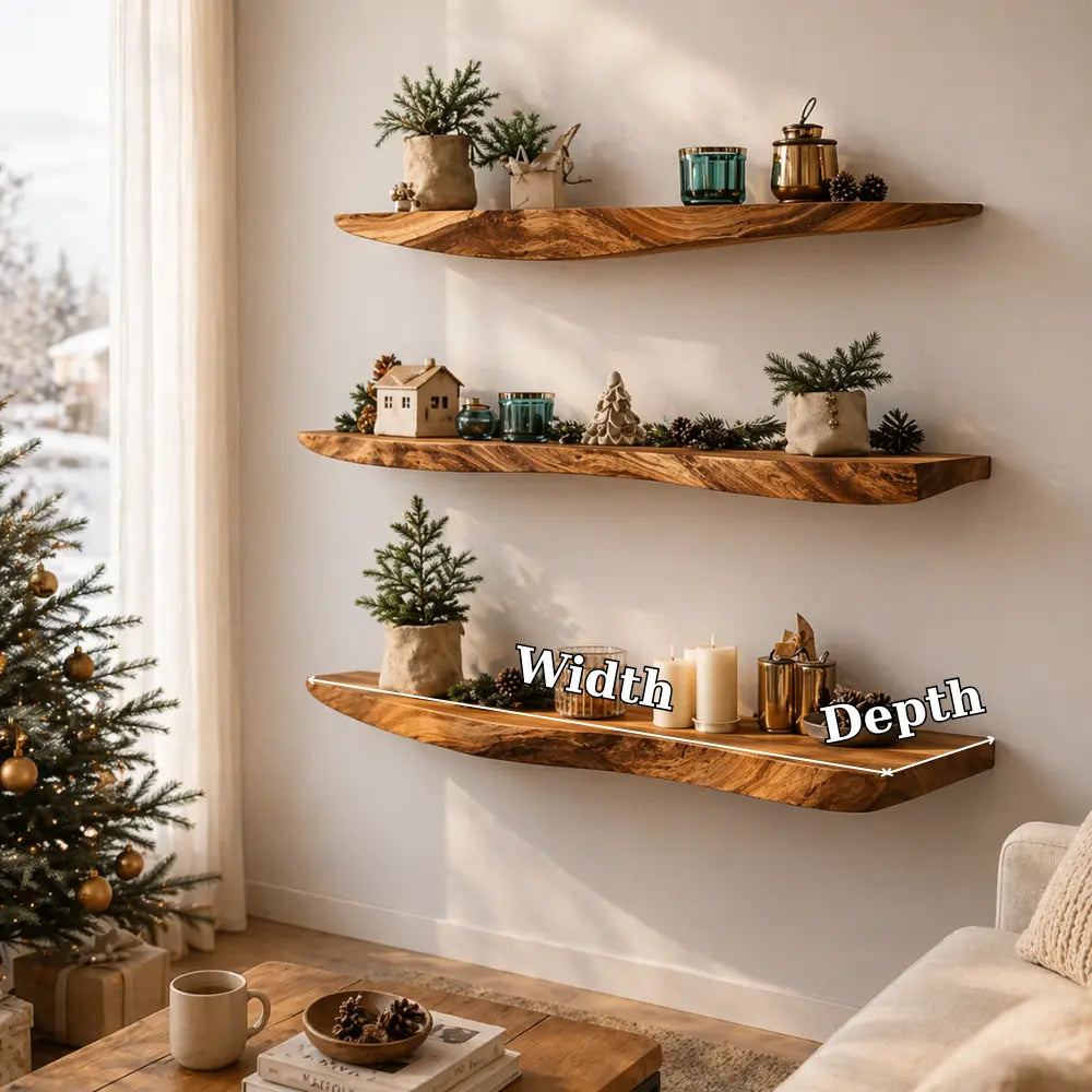 Solid Wood Floating Wall Shelf Live Edge Rustic Wall Mounted Display Shelf Kitchnce