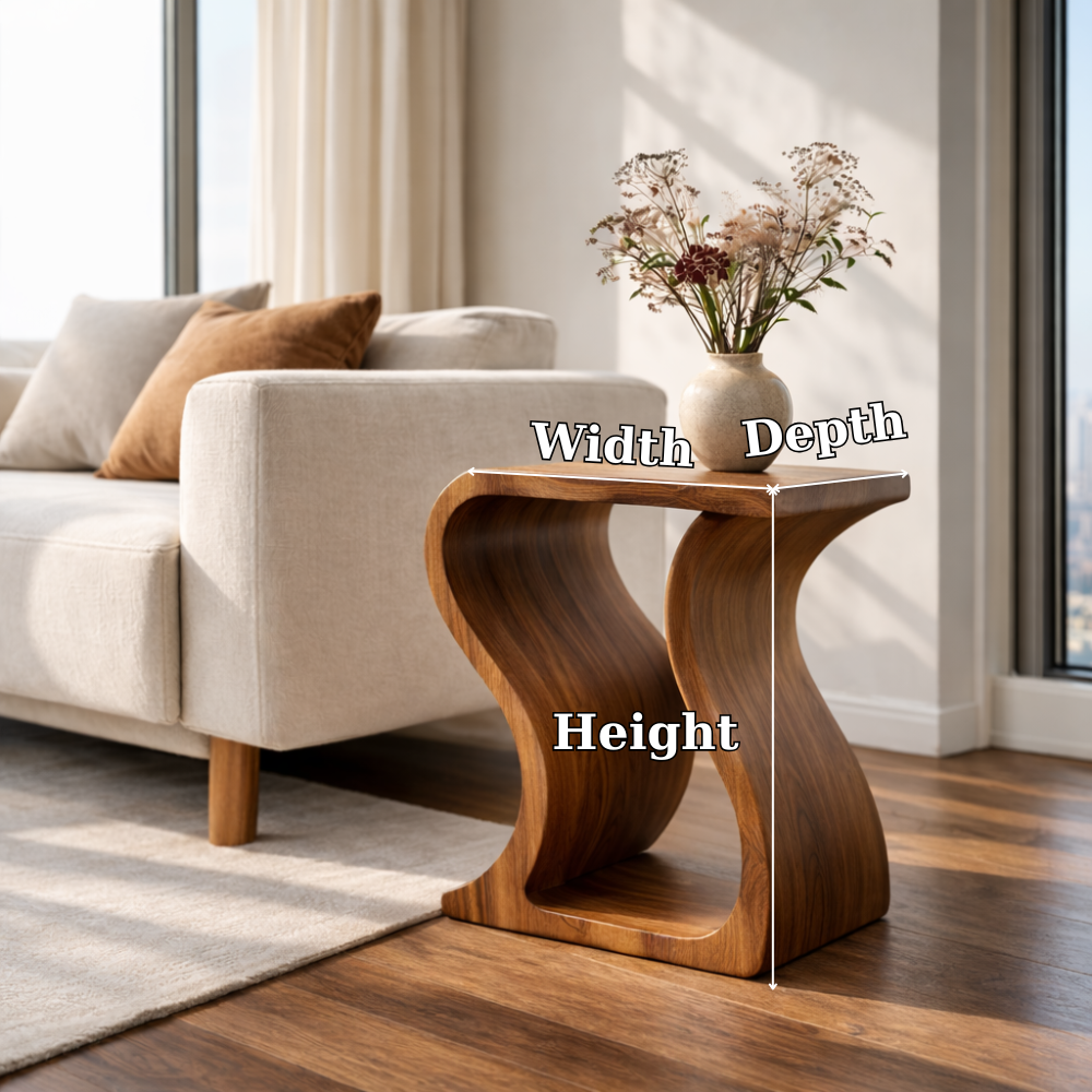 Modern Solid Wood End Table – Sculptural Curved Wooden Side Table for Living Room Kitchnce