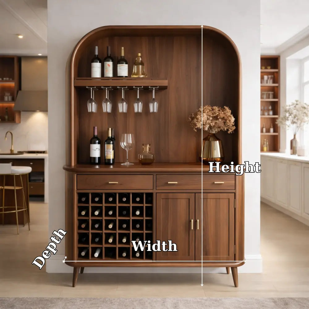 Solid Wood Bar Cabinet with Wine Rack and Curved Open Shelf Storage Kitchnce