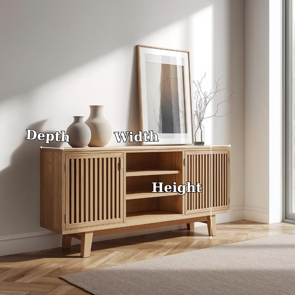 Modern Oak Console Cabinet with Vertical Slatted Doors – Stylish Storage for Living Room