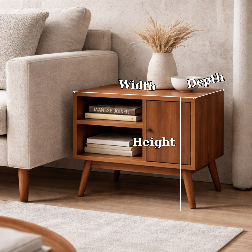 Solid Wood End Table with Door and Open Shelf – Mid Century Modern Side Table