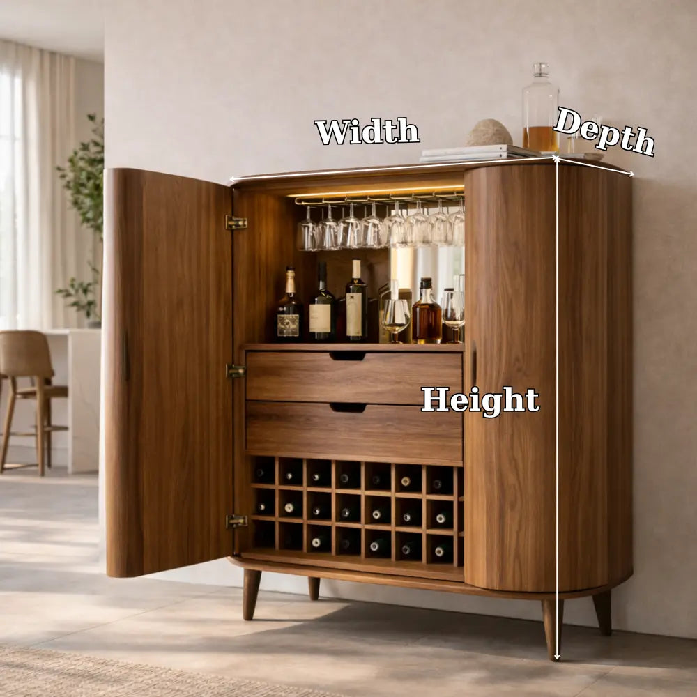 Solid Wood Bar Cabinet with Wine Rack, Glass Holder & Drawers – Modern Home Liquor Storage Kitchnce