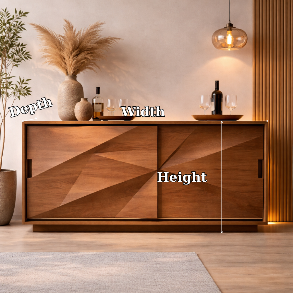 Solid Walnut Console Table with Geometric Carved Doors – Modern Wooden Sideboard