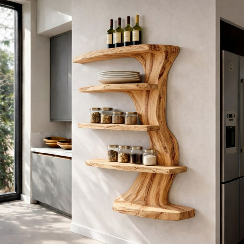 Handcrafted Solid Wood Tree Branch Wall Shelf - Organic Fluid Floating Bookshelf & Decor