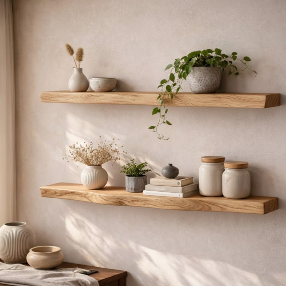 Handcrafted Solid Wood Tree Branch Wall Shelf - Organic Live Edge Floating Bookshelf