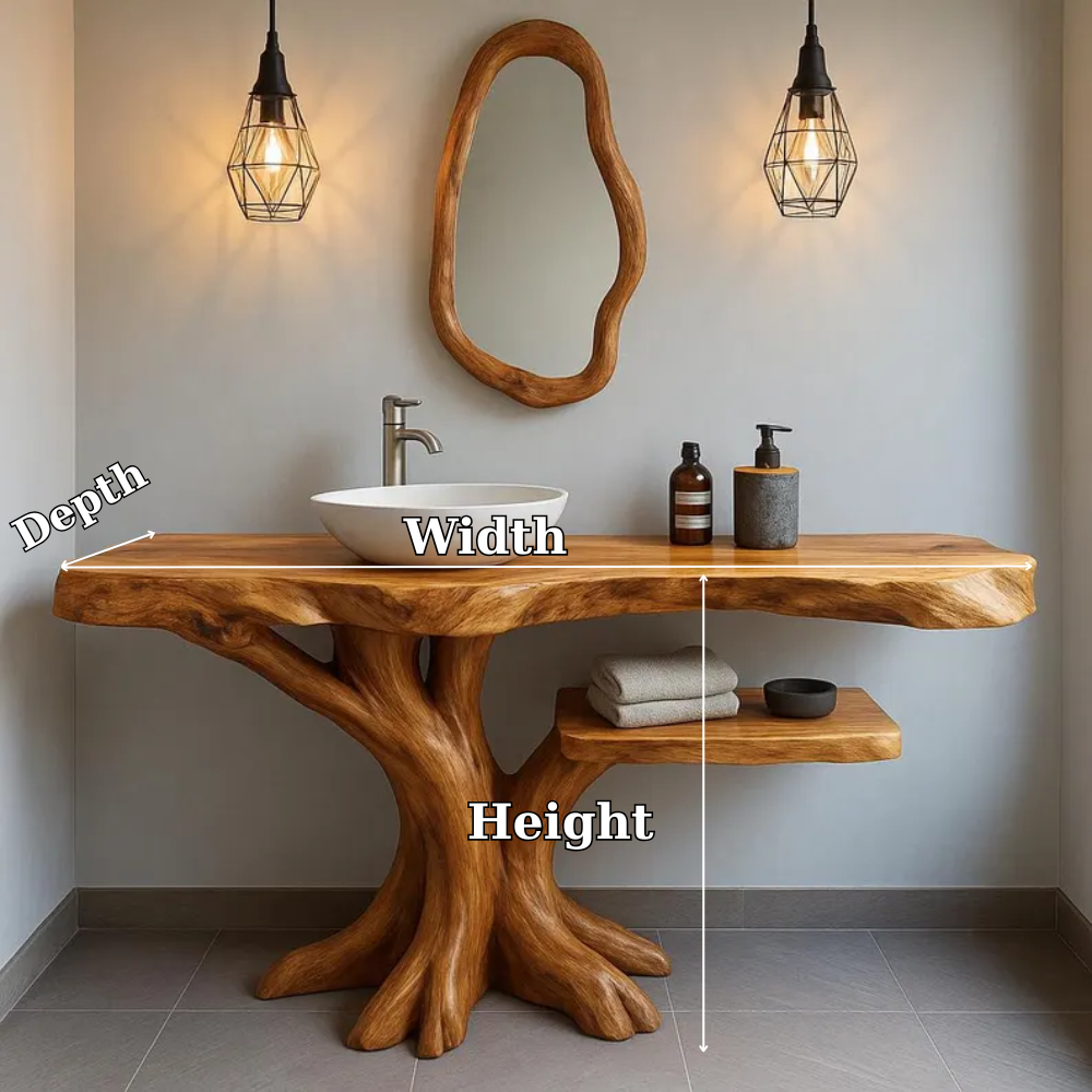 Handcrafted Solid Wood Bathroom Vanity with Tree-Inspired Base – Organic Natural Sink Stand Kitchnce