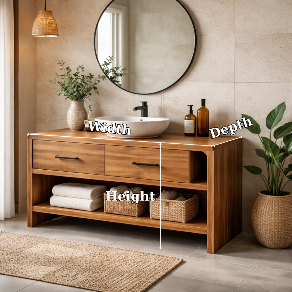 Solid Wood Bathroom Vanity with Drawers and Open Shelf – Modern Vanity Cabinet