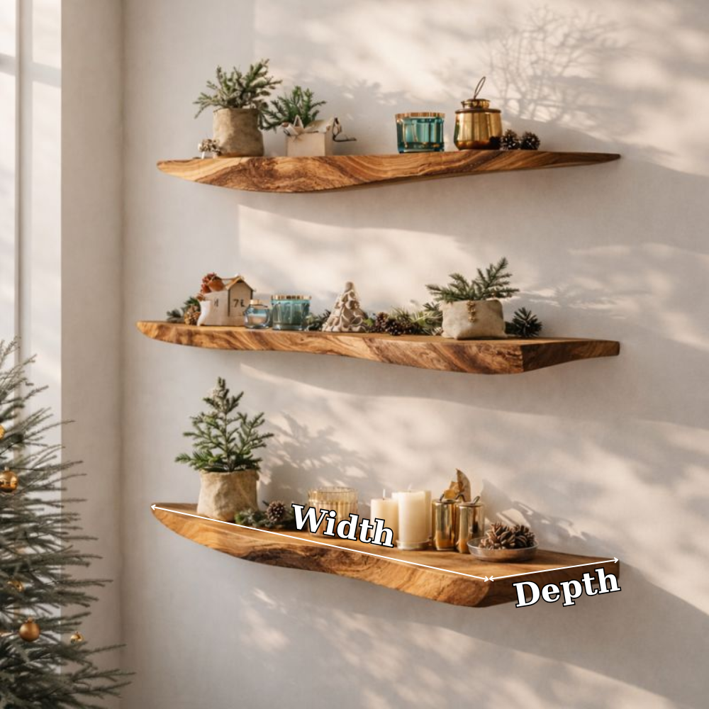 Live Edge Floating Wood Shelf - Rustic Natural Edge Wall Bookshelf for Modern Home Decor