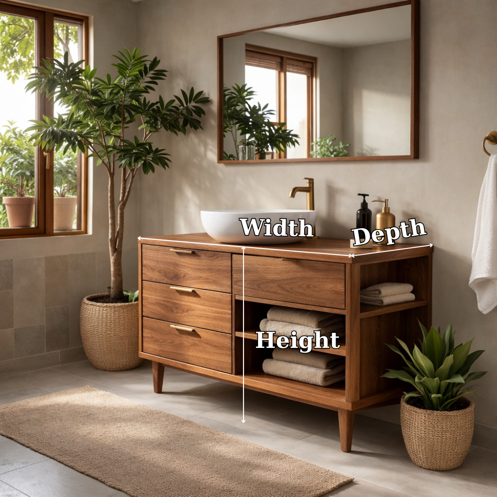 Solid Wood Bathroom Vanity with Drawers and Open Side Shelves for Storage