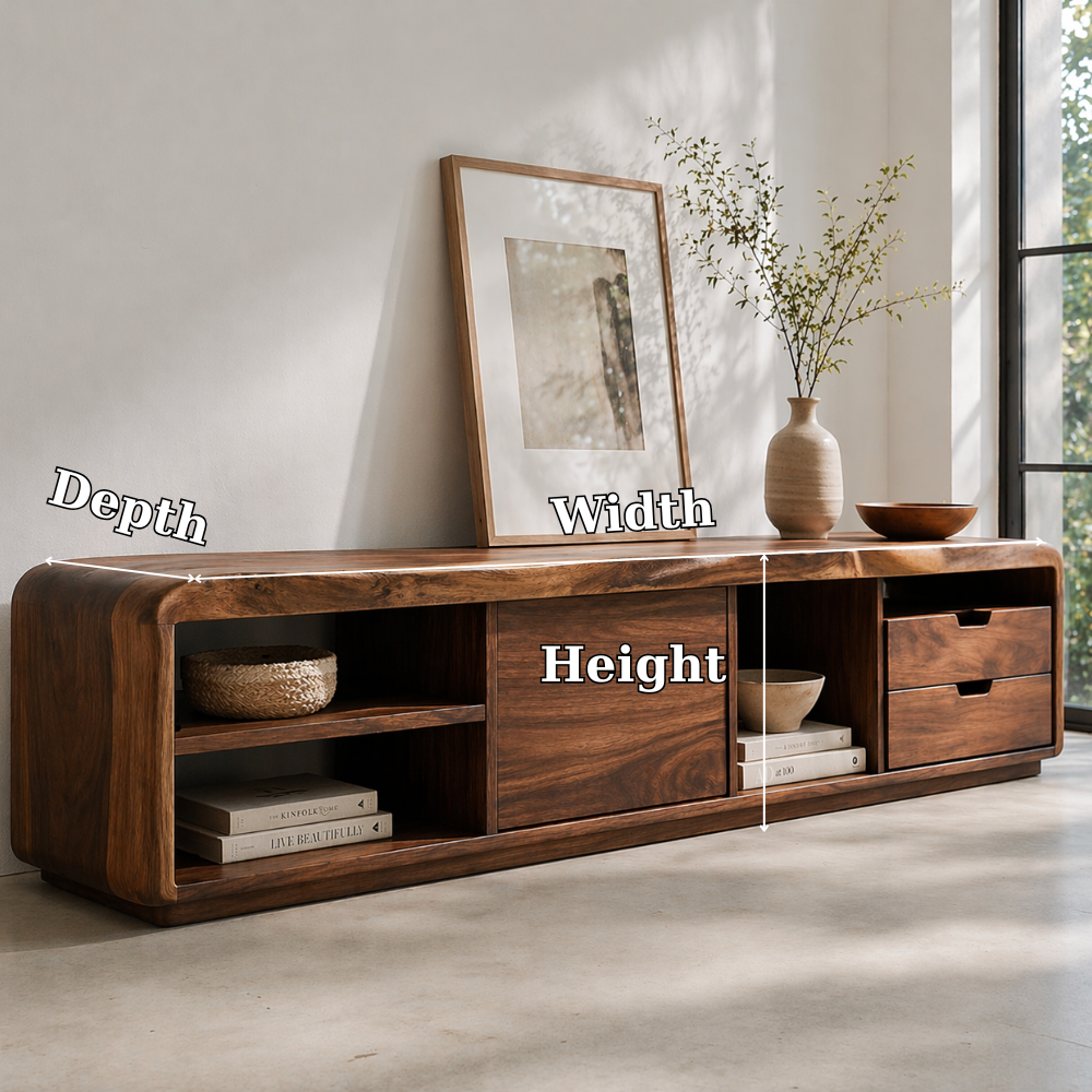 Solid Wood Media Console with Rounded Edges, Modern Low TV Stand with Storage