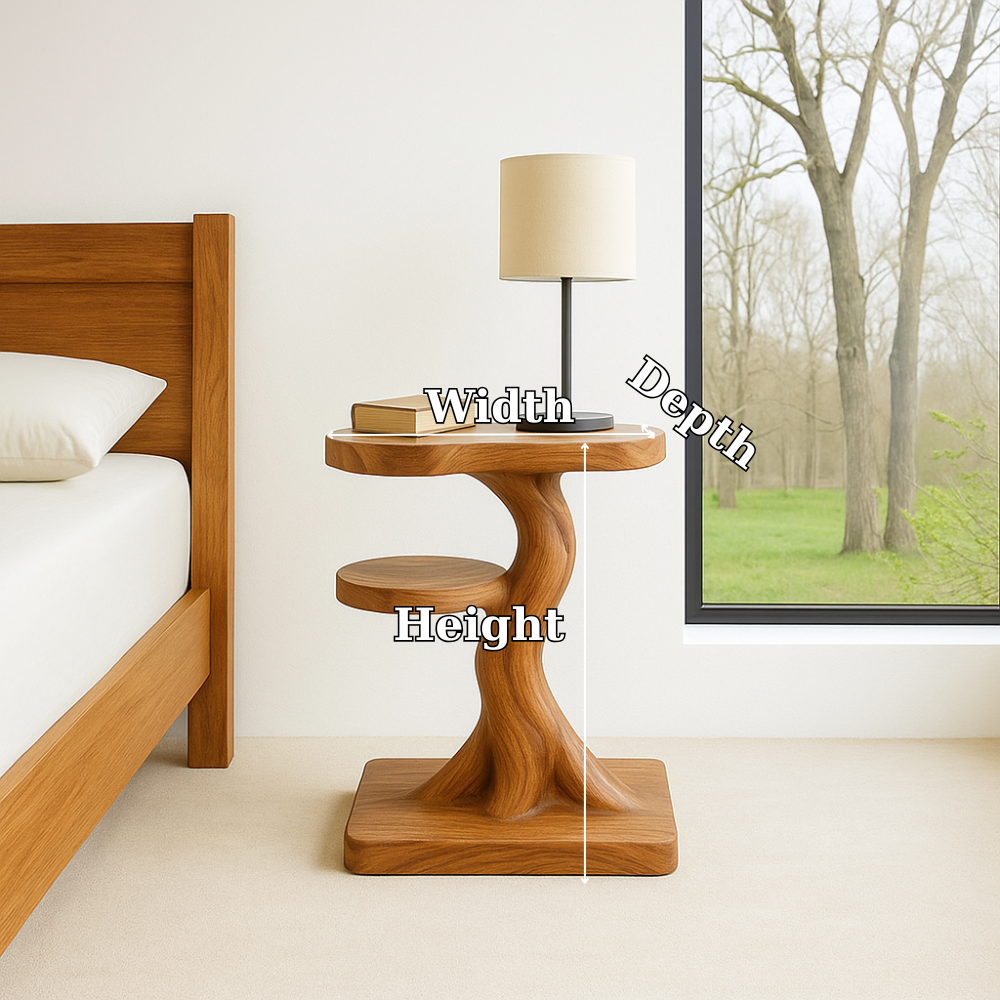Handcrafted Solid Wood Nightstand – Sculptural Modern Bedside Table with Side Shelf Kitchnce