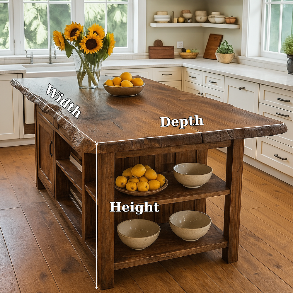 Live Edge Solid Wood Kitchen Island with Storage Shelves – Rustic Farmhouse