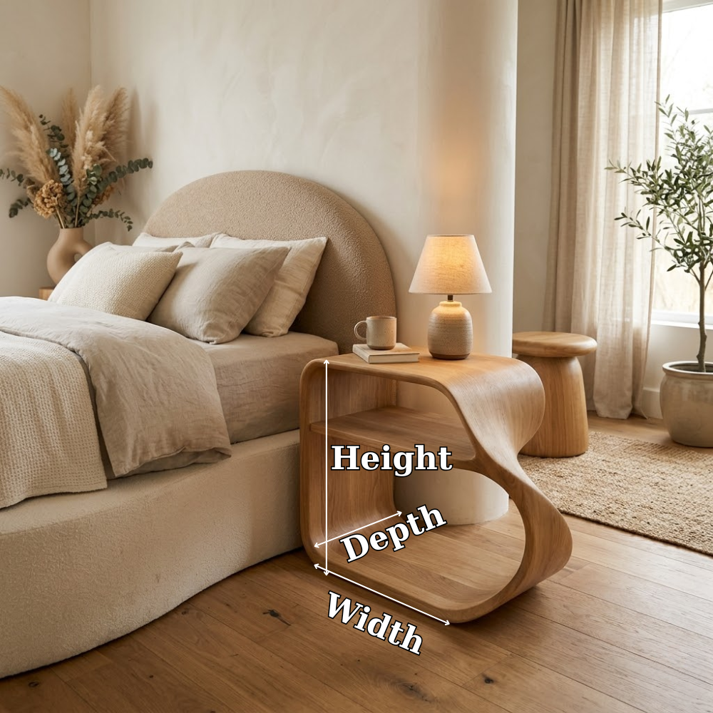 Solid Wood Curved Nightstand with Open Shelf – Modern Minimalist Bedside Table