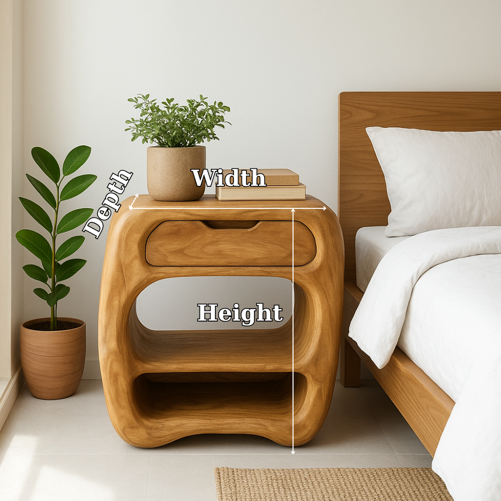 Handcrafted Solid Wood Nightstand – Sculptural Bedside Table with Drawer and Open Shelves Kitchnce