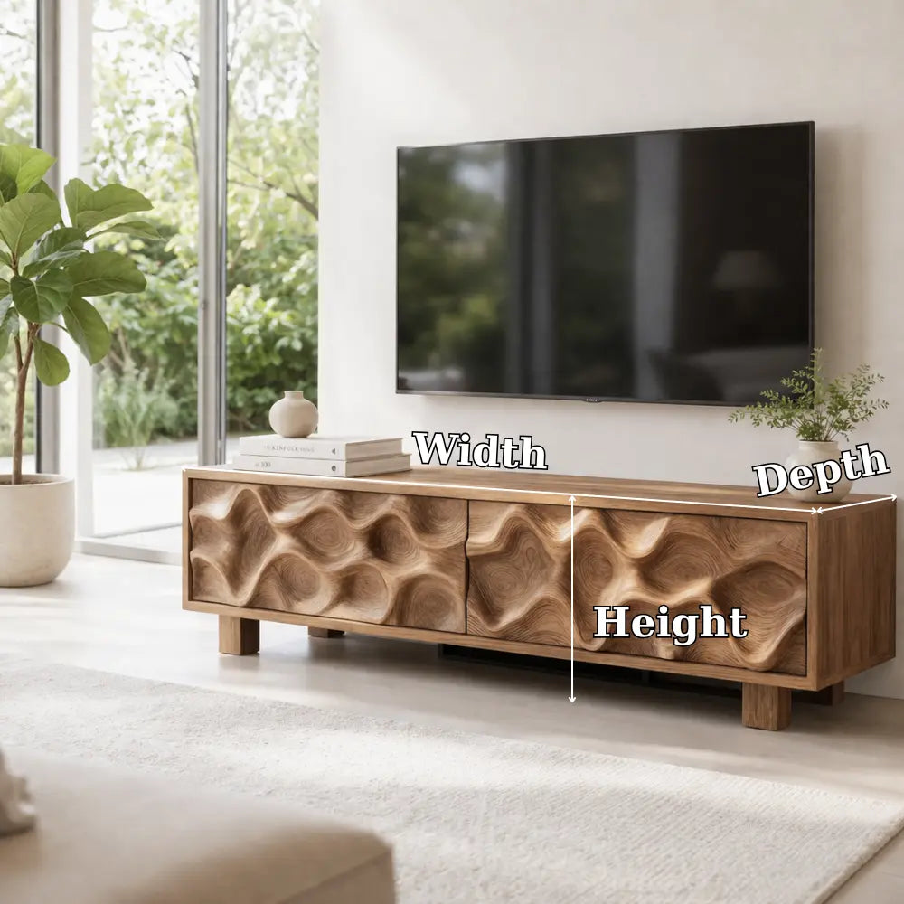 Solid Wood TV Cabinet with Wave Carved Doors Modern Wooden Media Console Kitchnce