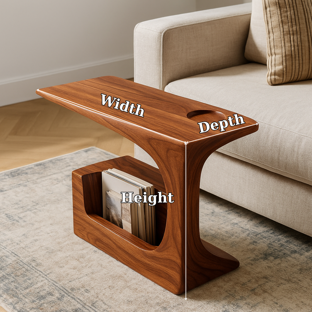 Handcrafted Solid Wood Armrest Table with Magazine Storage – Organic Sofa Side Table Kitchnce