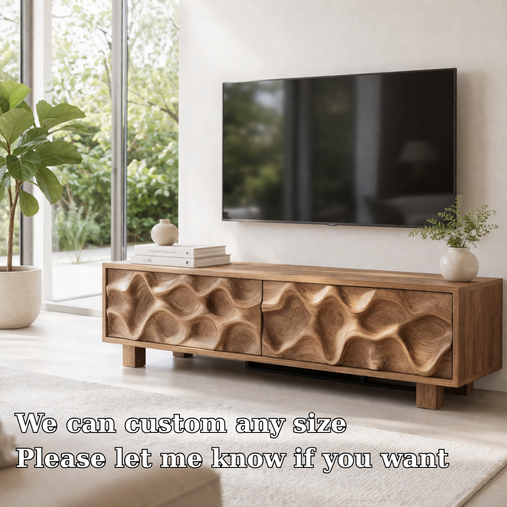 Solid Wood Media Console with Sculpted Wave Front, Modern TV Stand Cabinet