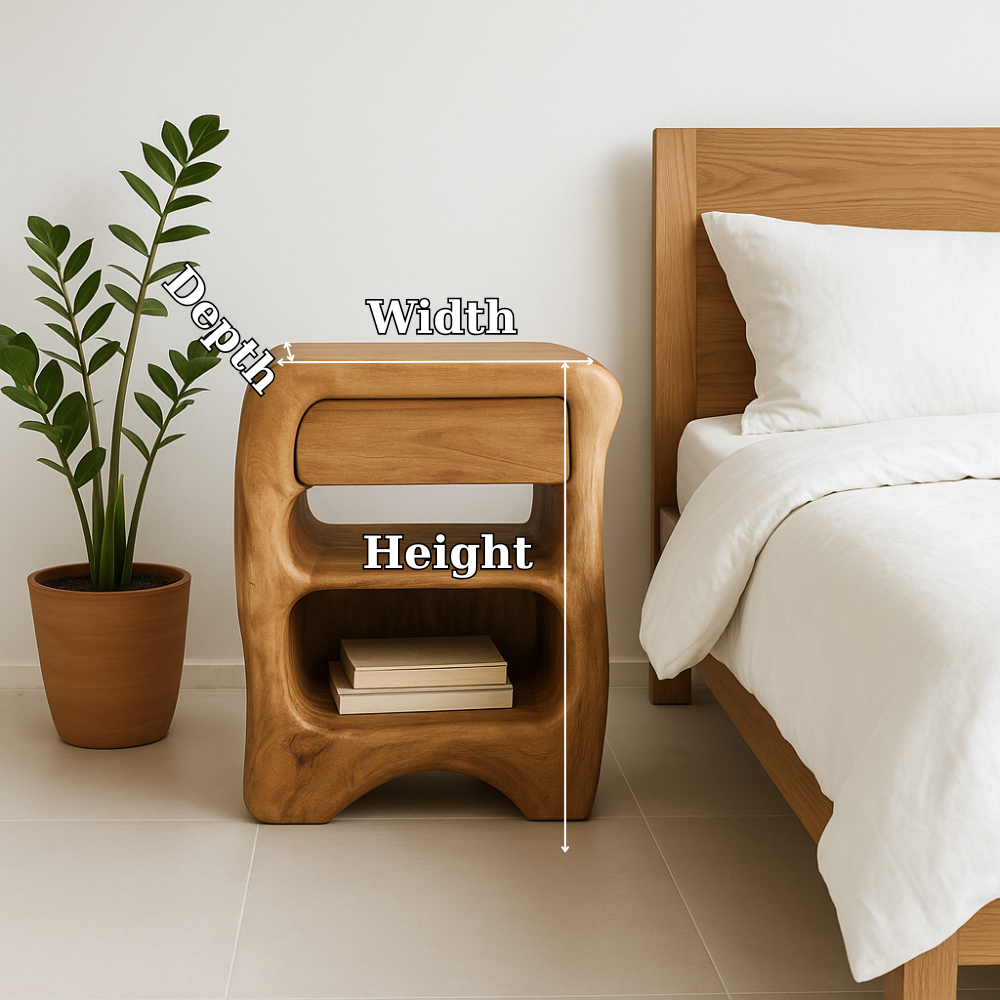 Handcrafted Solid Wood Nightstand – Sculptural Bedside Table with Drawer and Open Storage Kitchnce