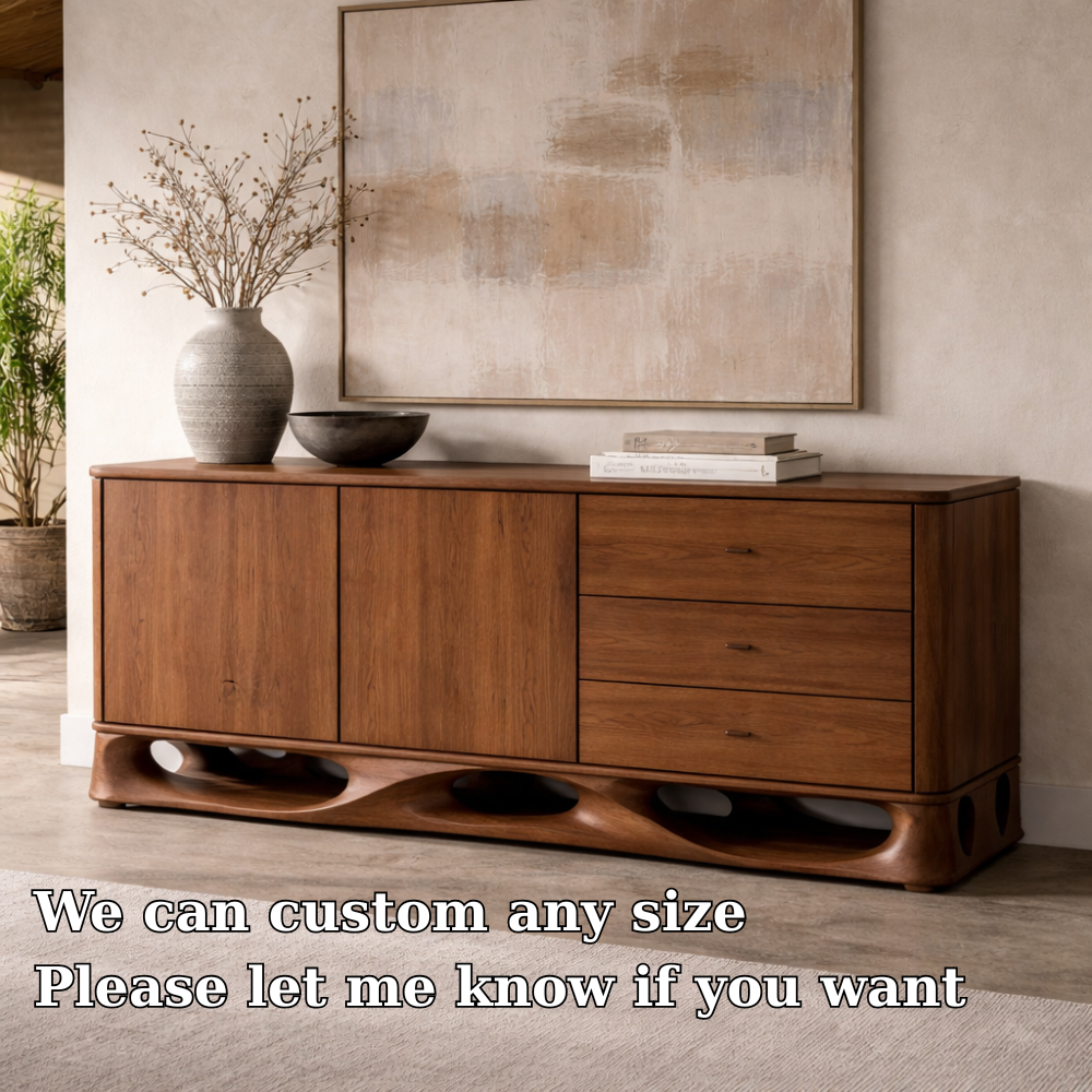 Solid Wood Console Cabinet with Sculptural Base and Drawer Storage