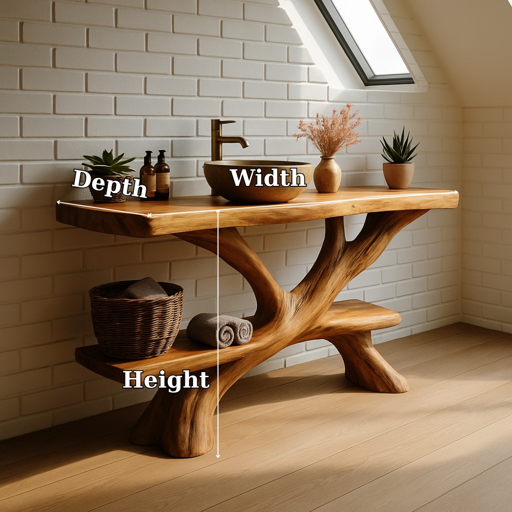 Handcrafted Solid Wood Bathroom Vanity – Rustic Organic Double Shelf Design for Modern Homes Kitchnce