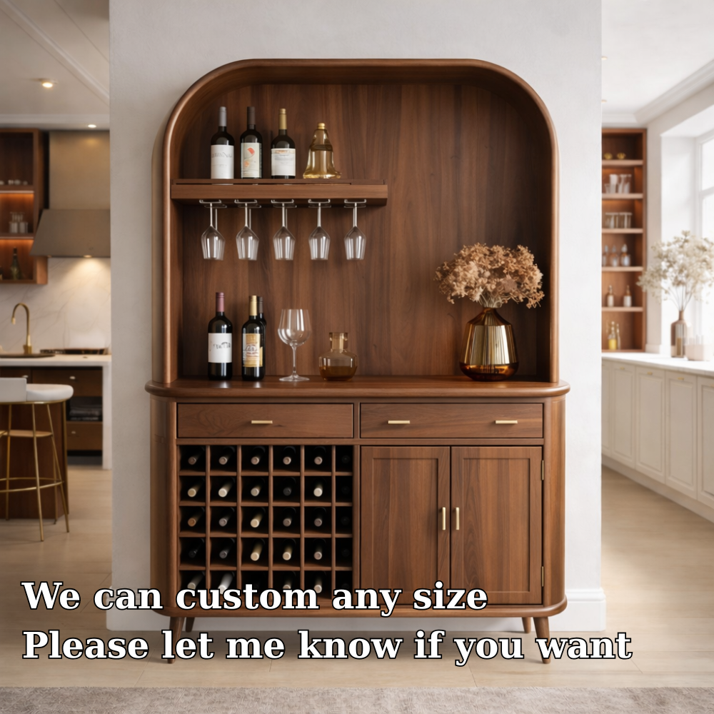 Solid Wood Bar Cabinet with Wine Rack and Curved Open Shelf Storage