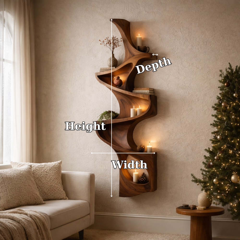 Handcrafted Solid Wood Vertical Wave Shelf - Sculptural Floating Wall Art & Bookshelf