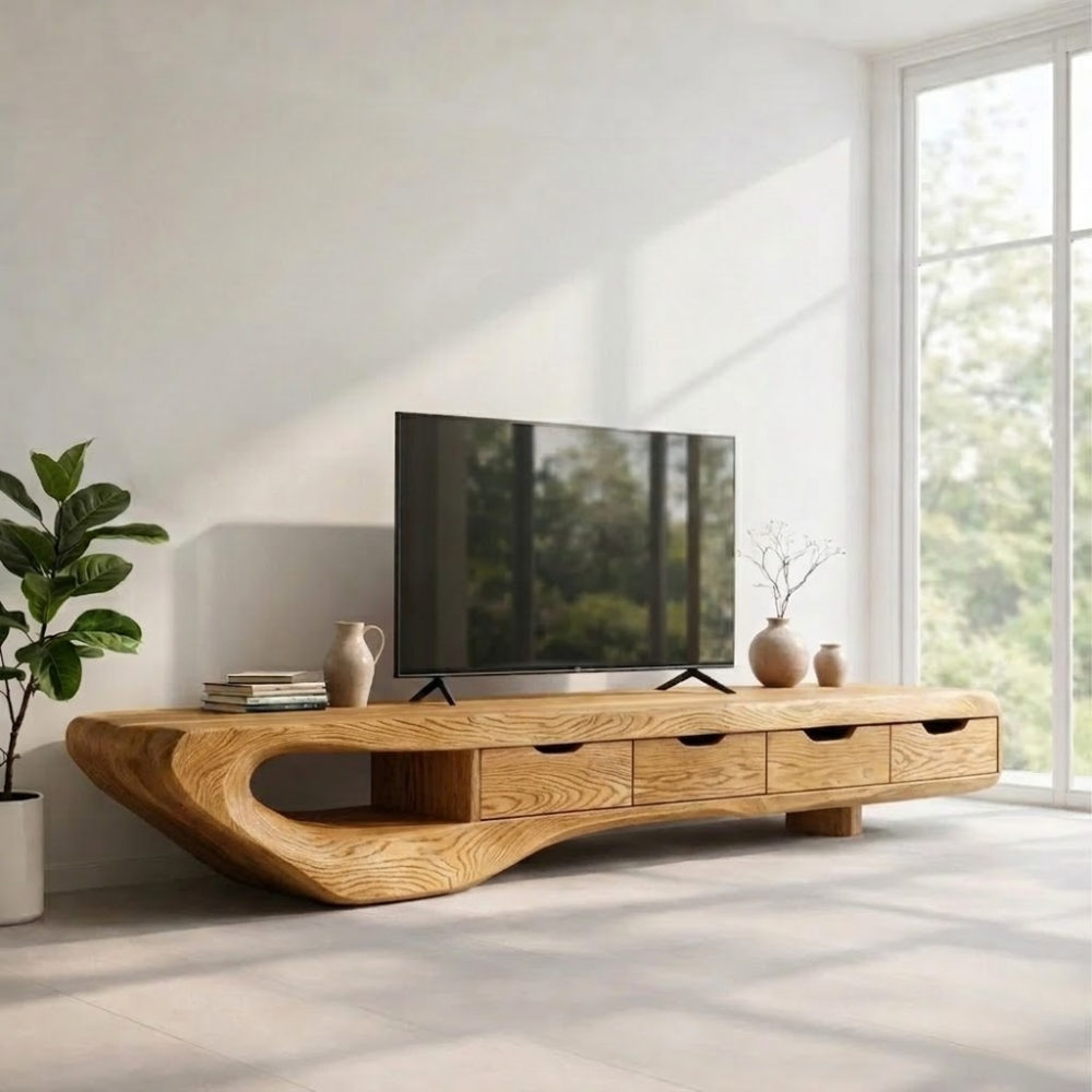 Solid Wood TV Console with Curved Live Edge – Modern Rustic Media Stand with Drawers
